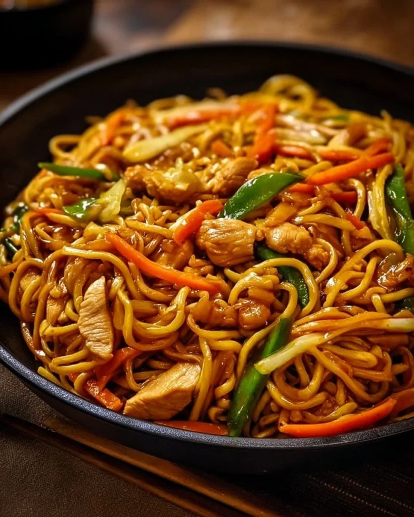 Plate of Chicken Lo Mein with vegetables and chicken pieces