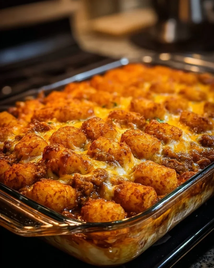 Chili Cheese Tater Tot Casserole topped with melted cheese and chili