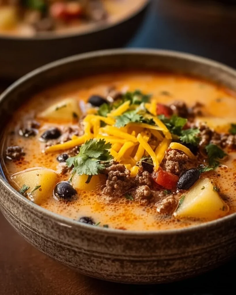 A bowl of creamy Cowboy Soup garnished with fresh herbs and served with crusty bread.