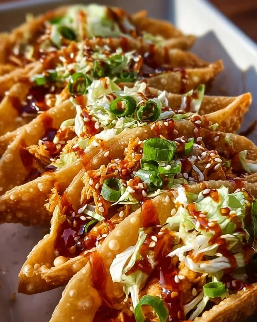Crispy chicken wonton tacos with fresh toppings served in a vibrant plate