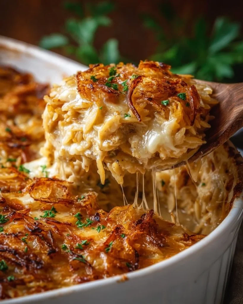 Delicious French Onion Chicken Orzo Casserole topped with melted cheese