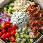 Delicious Greek Chicken Bowls topped with fresh vegetables and feta cheese