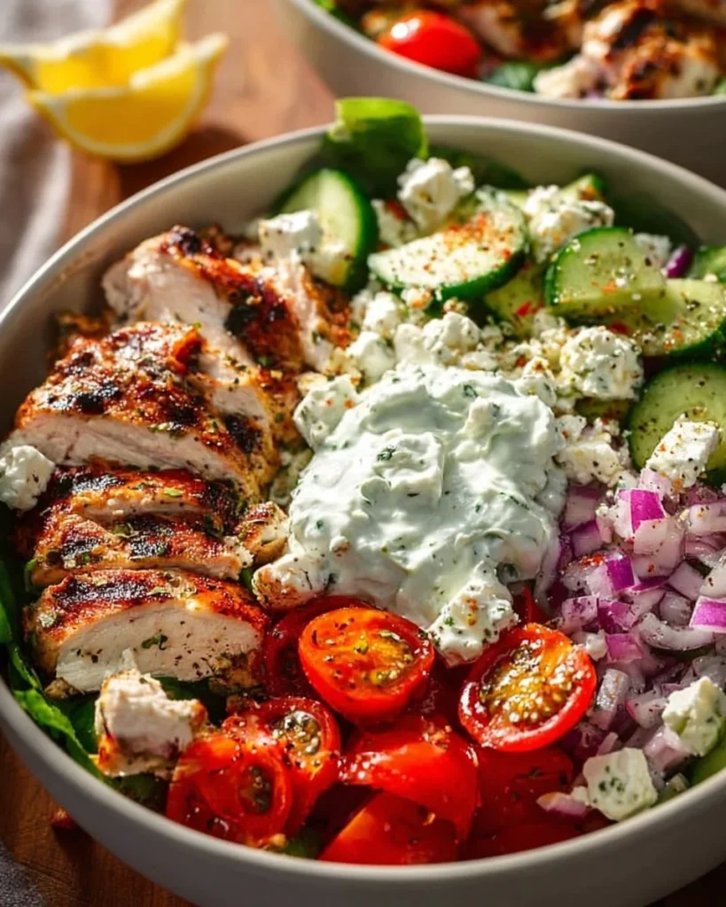 Delicious Greek Chicken Bowl with fresh vegetables and herbs