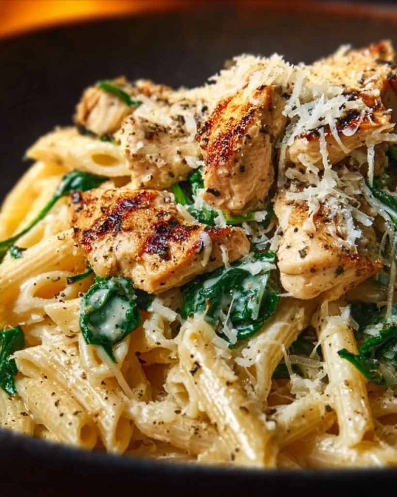 Healthy garlic parmesan chicken pasta dish with vegetables and herbs