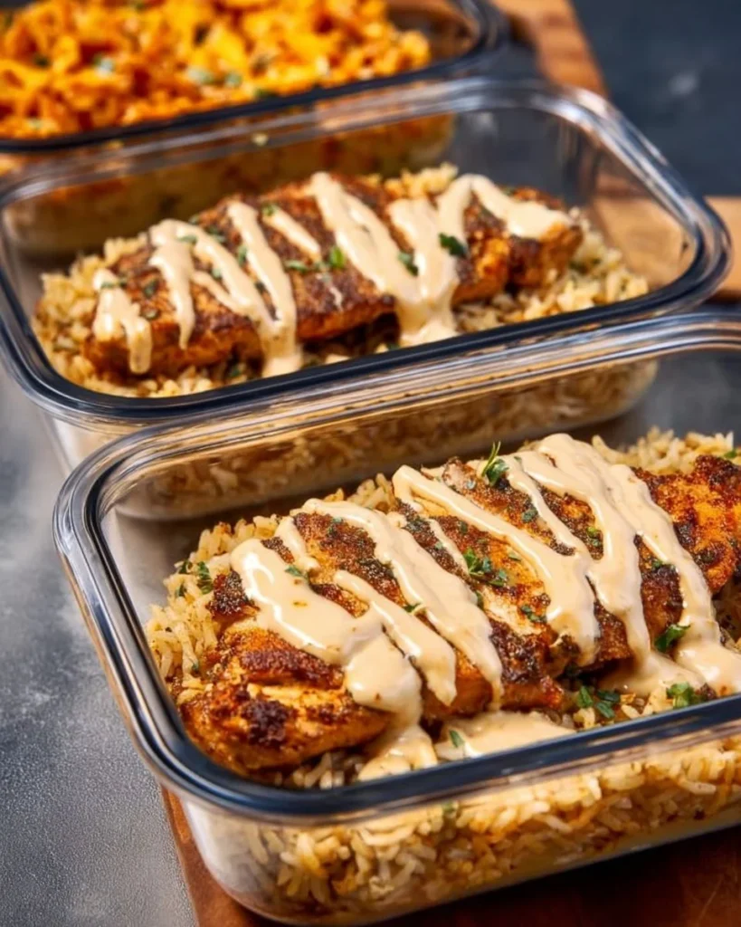 High protein creamy Cajun chicken served with rice in a bowl