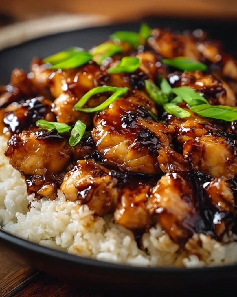 Plate of Honey BBQ Chicken served over rice with garnishes