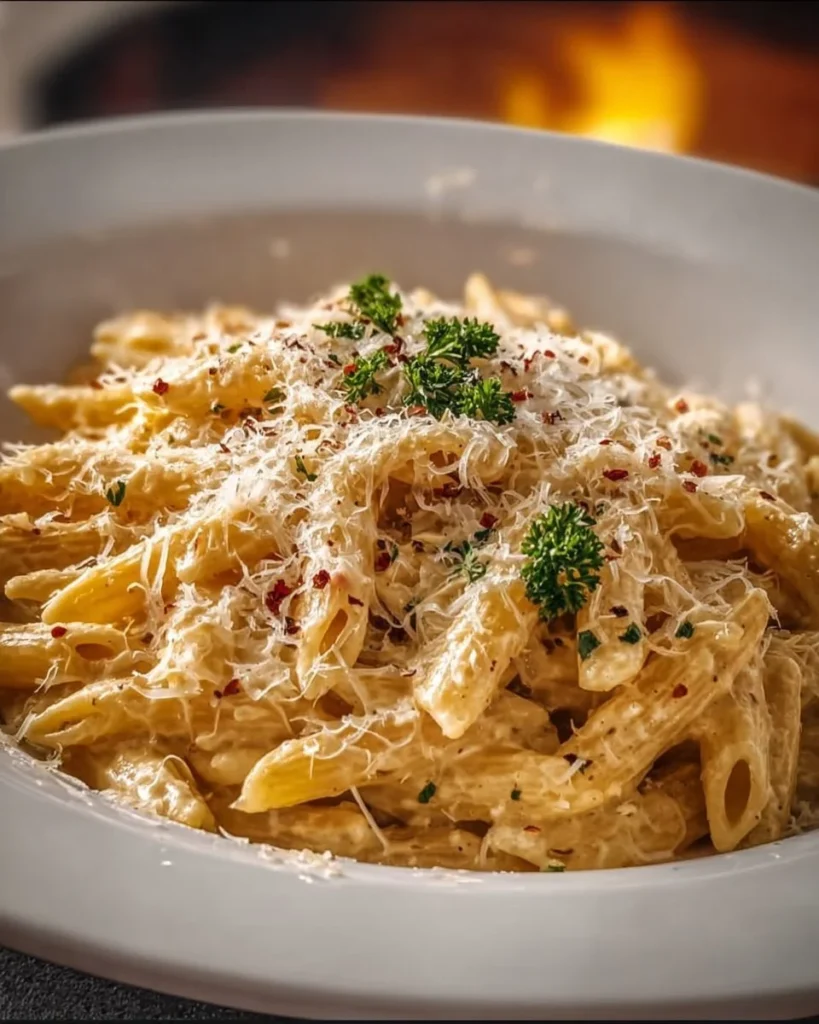 One Pot Creamy Garlic Pasta dish topped with parsley and garlic