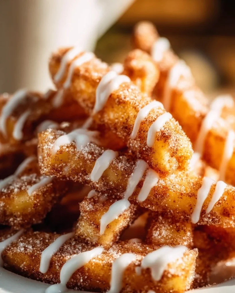 Crispy air fryer apple fries served in a bowl with cinnamon.