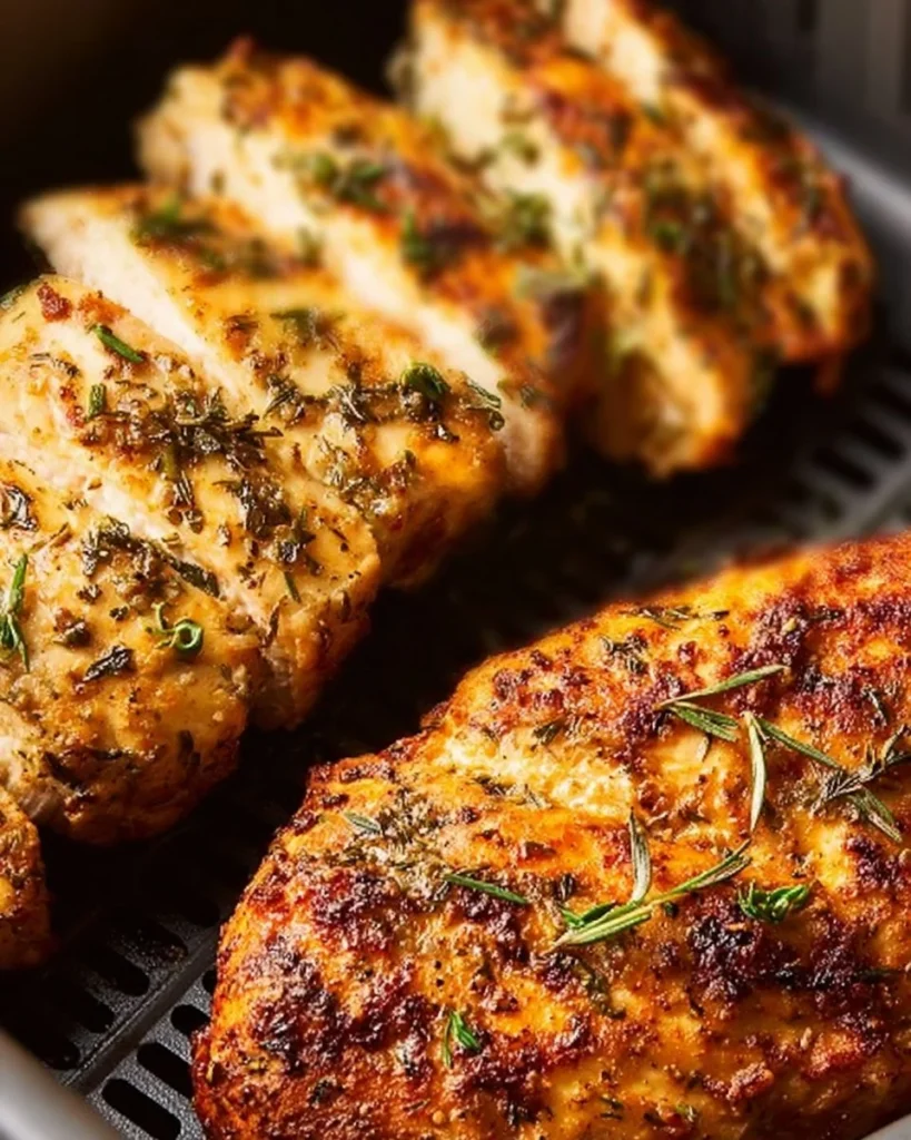 Perfectly cooked air fryer chicken breasts served on a plate.