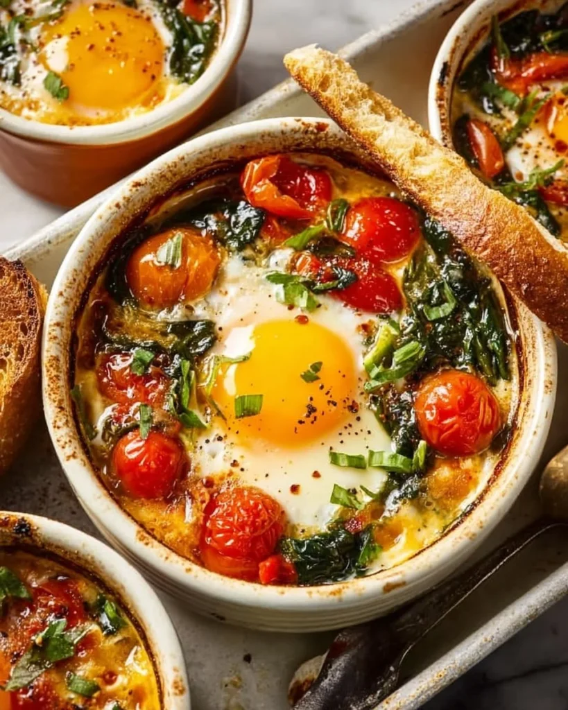 Baked feta eggs with tomatoes and spinach served in a dish