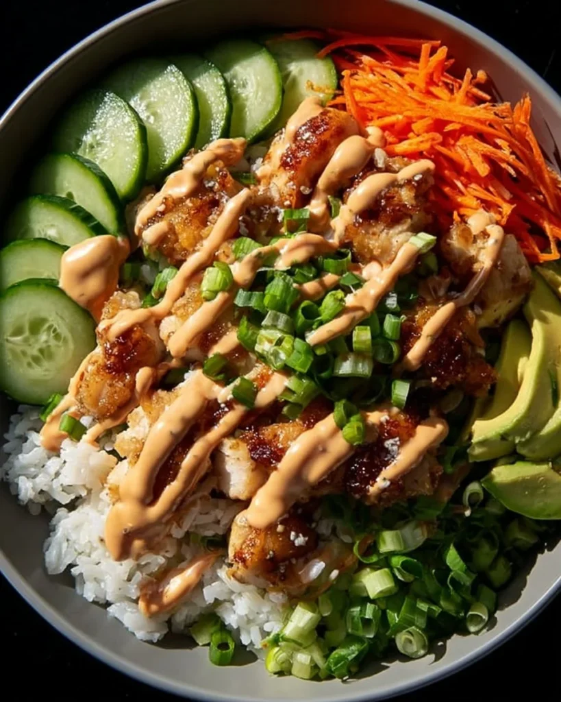 Plate of Bang Bang Chicken Bowl with vibrant vegetables and spicy sauce