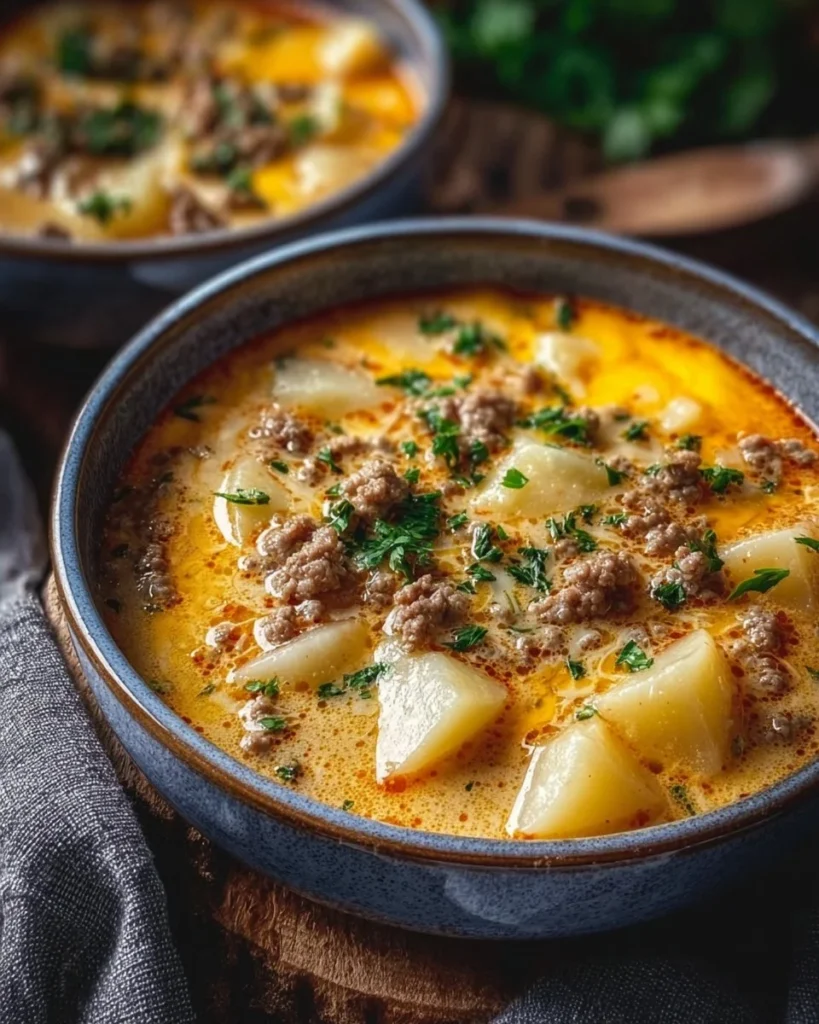 Delicious cheesy hamburger potato soup in a bowl with toppings.