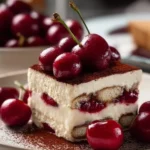 Delicious Cherry Amaretto Tiramisu topped with cherries and amaretto infused cream