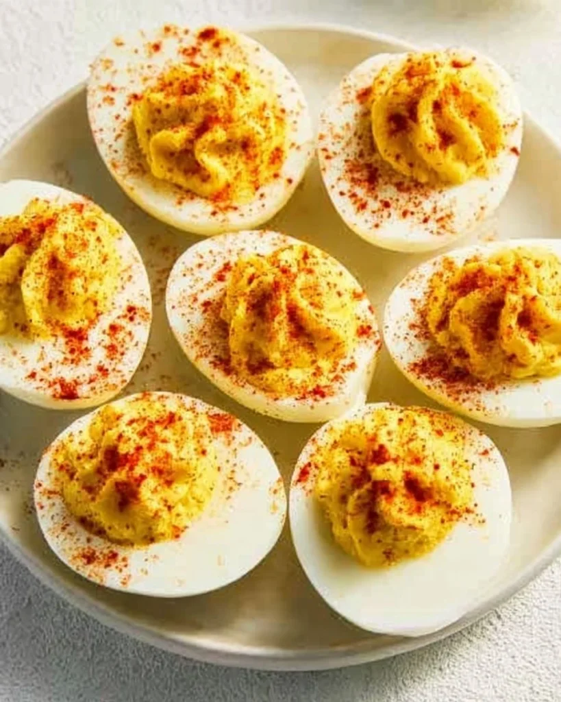 Classic deviled eggs arranged on a platter, garnished with paprika.