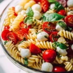 Colorful Caprese Pasta Salad with tomatoes, mozzarella, and basil in a bowl.