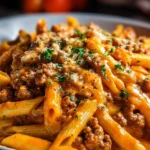 Creamy beef pasta dish served in a bowl with herbs and grated cheese