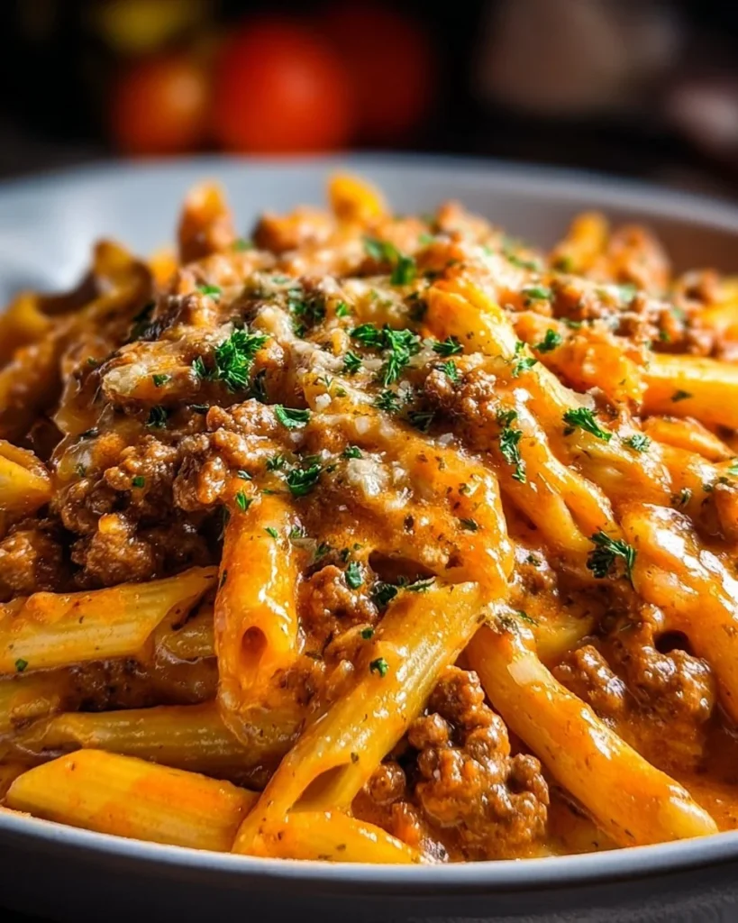 Creamy beef pasta dish served in a bowl with herbs and grated cheese