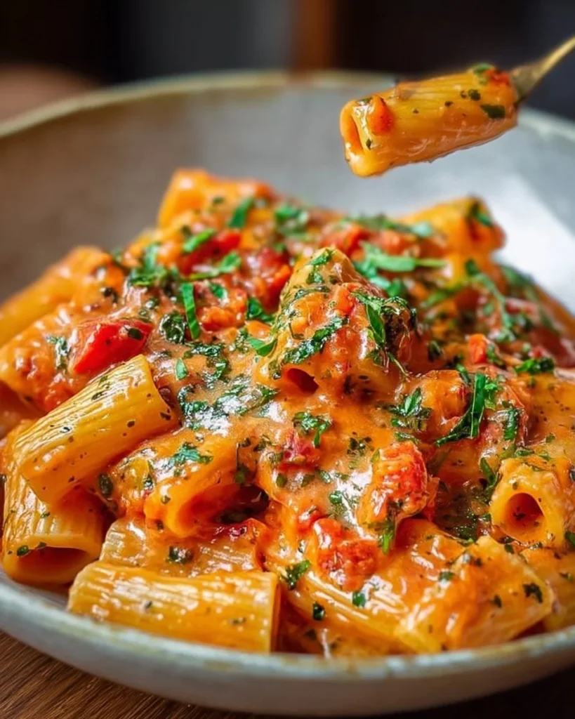 Creamy tomato garlic pasta dish topped with fresh herbs