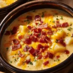 Delicious Crock Pot Crack Potato Soup topped with cheese and bacon