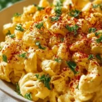 Bowl of deviled egg macaroni salad garnished with herbs