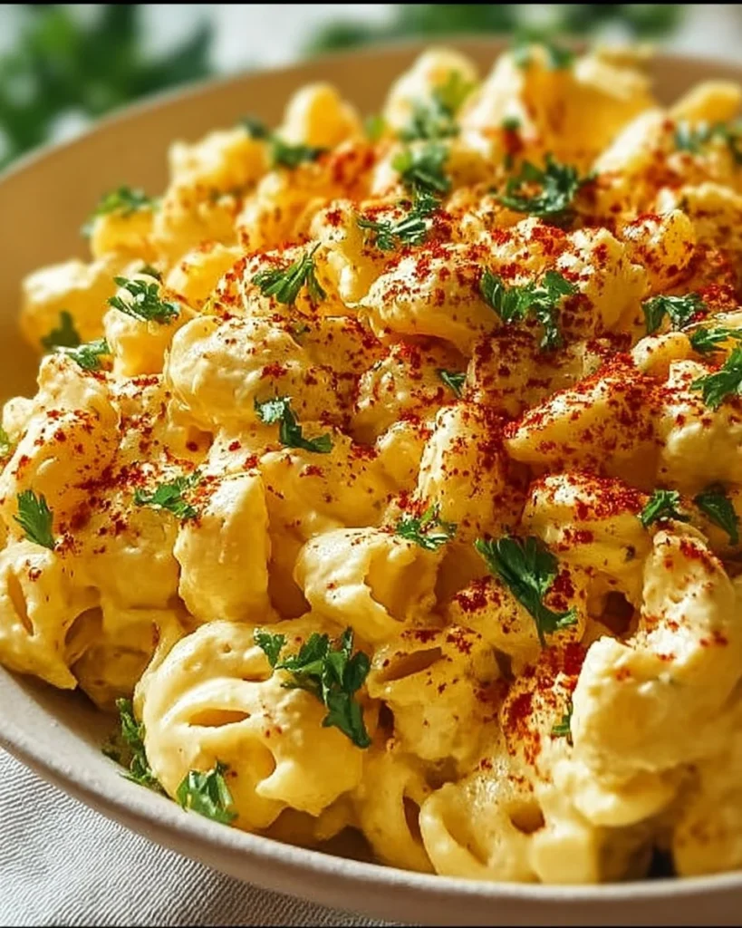 Bowl of deviled egg macaroni salad garnished with herbs