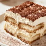 Delicious easy tiramisu dessert served on a plate with cocoa dusting.