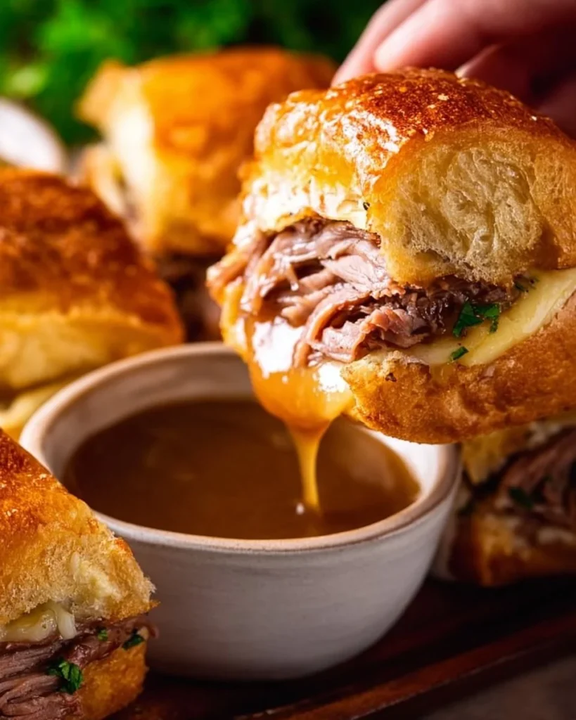 Delicious French Dip Sliders served with au jus for dipping.