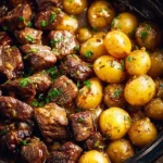 Delicious Garlic Butter Beef Bites served with crispy potatoes