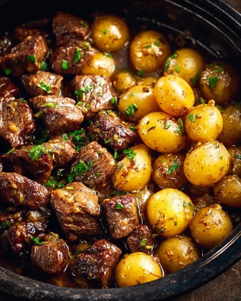 Delicious Garlic Butter Beef Bites served with crispy potatoes