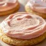 Delicious giant pink sugar cookies decorated with sprinkles and icing