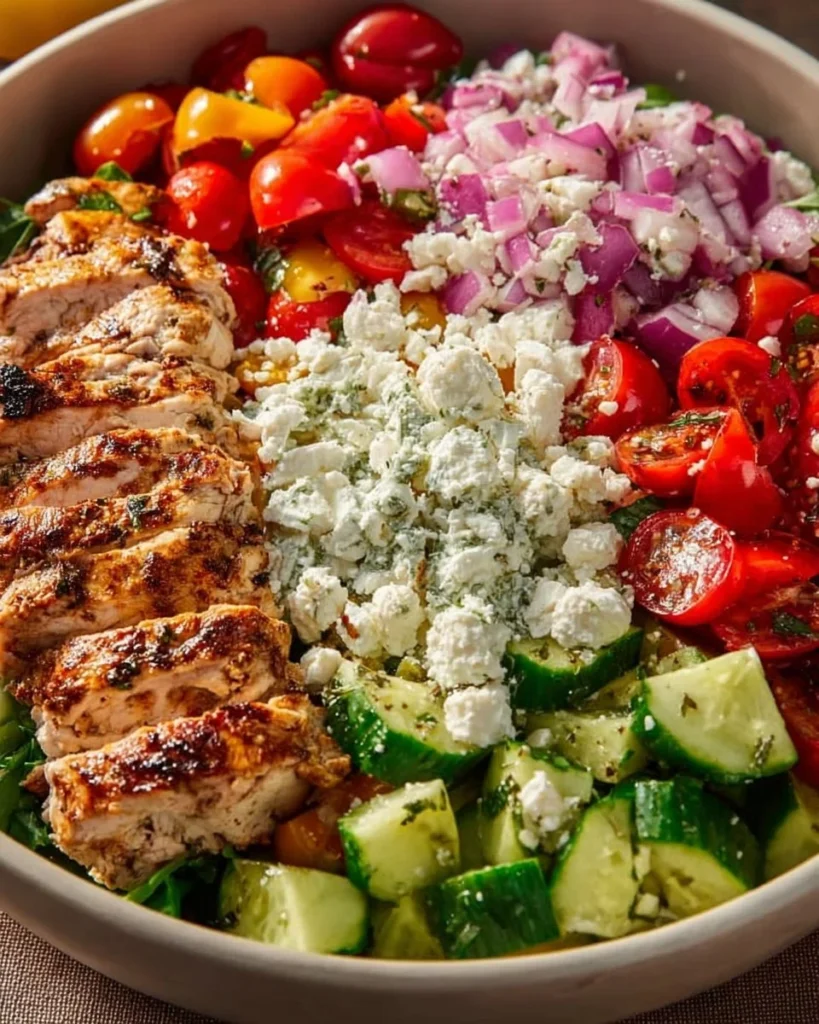 Delicious Greek Chicken Bowl with fresh vegetables and herbs