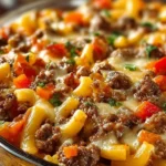 Delicious Hamburger Casserole served in a baking dish with melted cheese.