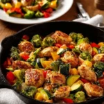 Healthy Chicken and Vegetables Skillet in a pan, showcasing vibrant colors and textures.