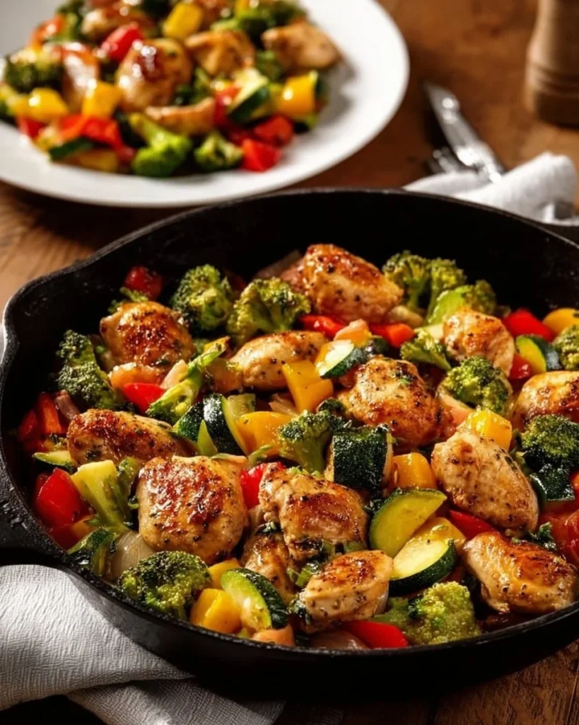 Healthy Chicken and Vegetables Skillet in a pan, showcasing vibrant colors and textures.
