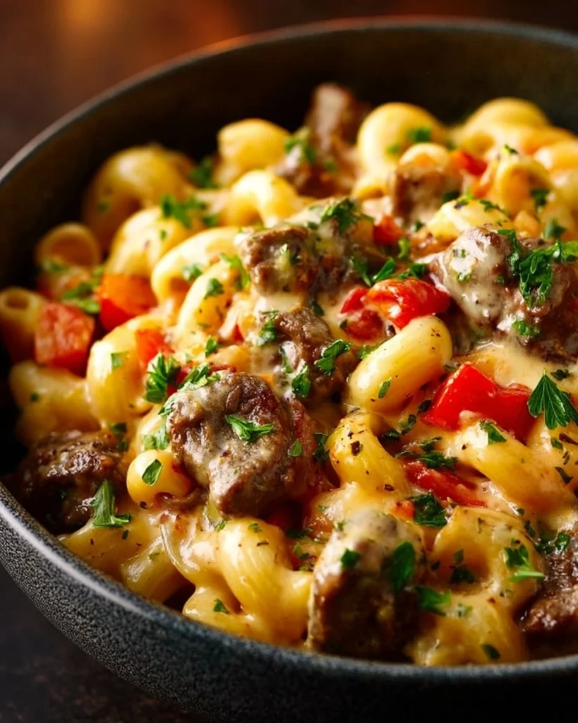 Creamy Philly cheesesteak mac and cheese topped with beef and melted cheese
