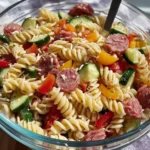 High protein Italian pasta salad with colorful vegetables and dressing
