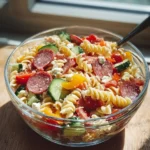 High Protein Italian Pasta Salad with fresh vegetables and protein-rich ingredients