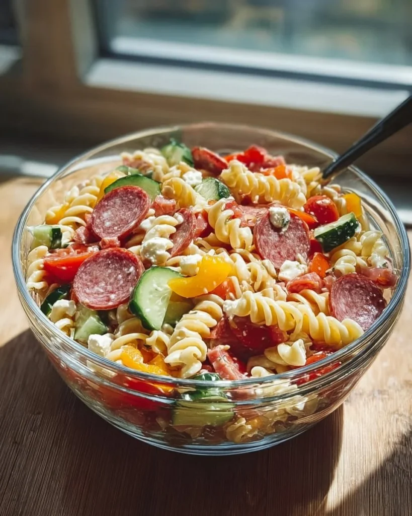High Protein Italian Pasta Salad with fresh vegetables and protein-rich ingredients