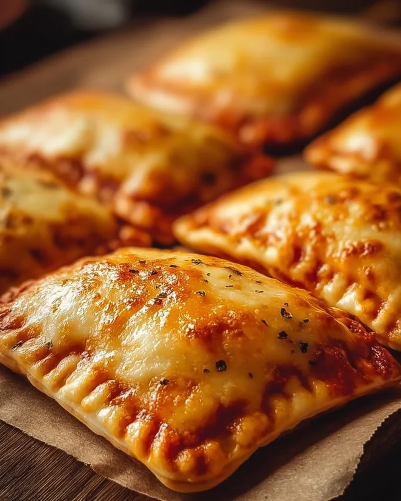 Easy homemade cheesy pizza pockets with gooey cheese filling.