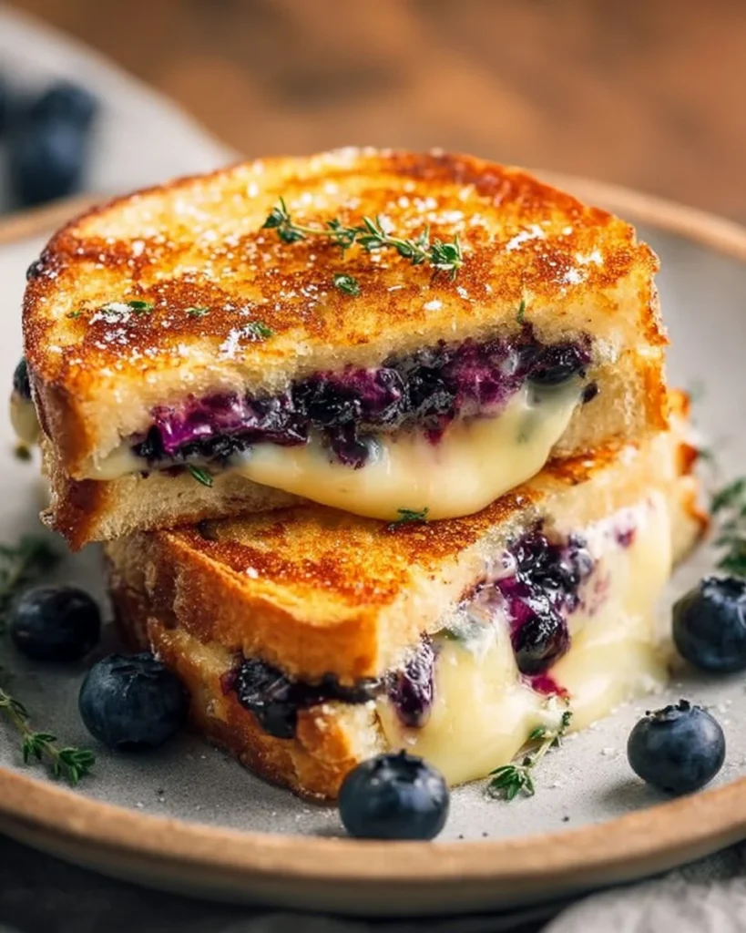 Delicious juicy blueberry grilled cheese sandwich on a plate.