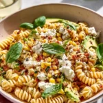 Delicious street corn pasta salad with vibrant ingredients and toppings