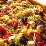 A colorful bowl of legendary pasta salad with fresh vegetables and dressing.