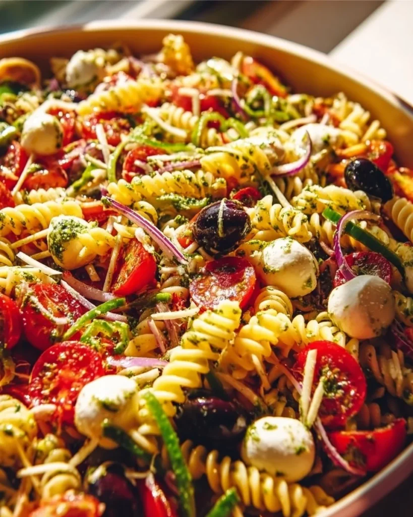 A colorful bowl of legendary pasta salad with fresh vegetables and dressing.