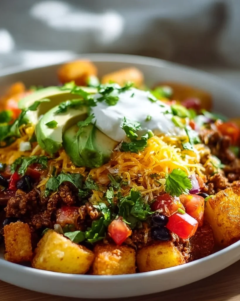 Delicious Loaded Potato Taco Bowl with creamy potatoes and tasty toppings