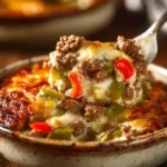 Low Carb Philly Cheesesteak Casserole topped with cheese and peppers