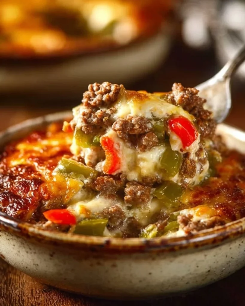 Low Carb Philly Cheesesteak Casserole topped with cheese and peppers