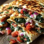 Mediterranean Quesadillas with spinach, feta cheese, mozzarella, and red onion.