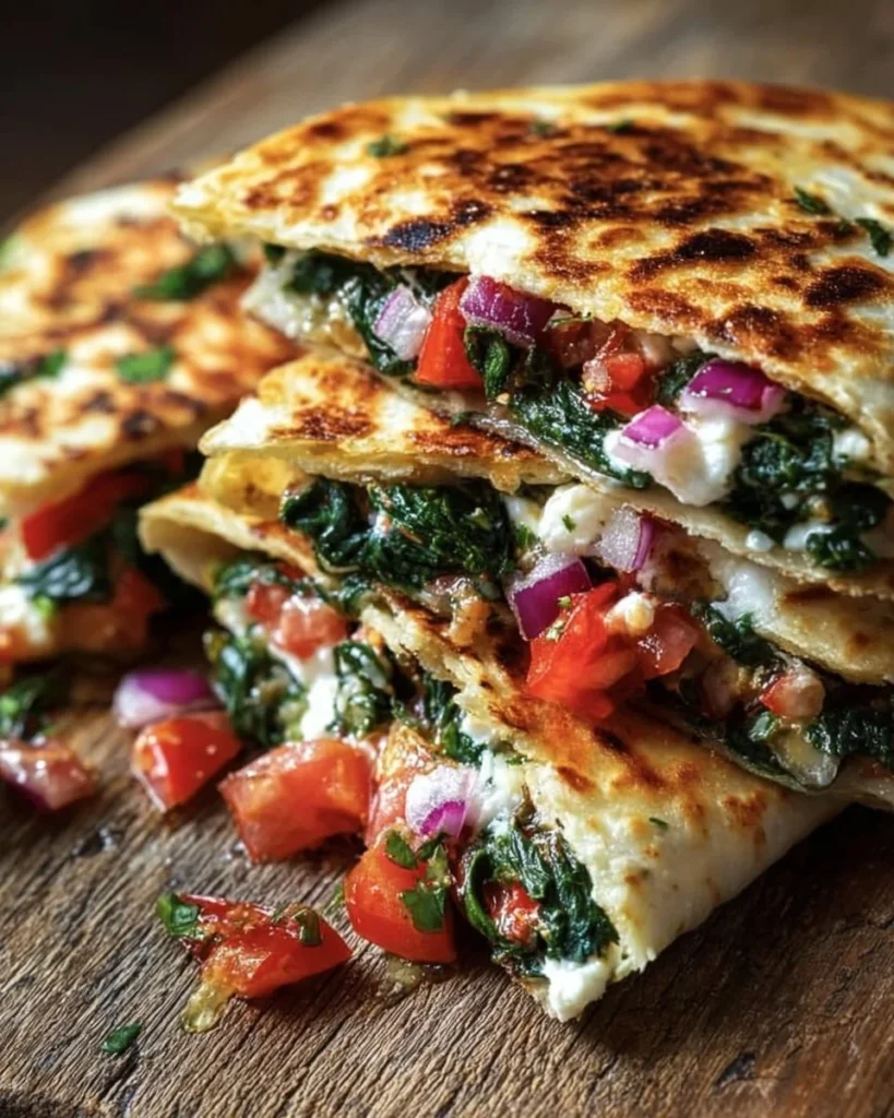 Mediterranean Quesadillas with spinach, feta cheese, mozzarella, and red onion.