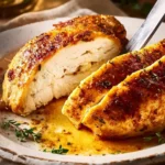 Juicy oven baked chicken breast garnished with herbs on a plate