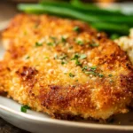 Crispy Parmesan Crusted Chicken served on a plate with fresh herbs